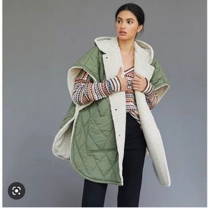Anthropologie Faux fur lined quilted cape - Moss